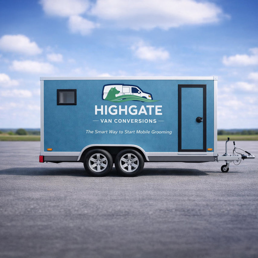 professional dog grooming trailer exterior for mobile pet grooming business